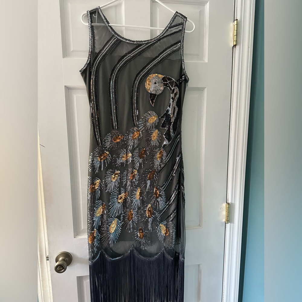 Grey sequined dress with peacock design